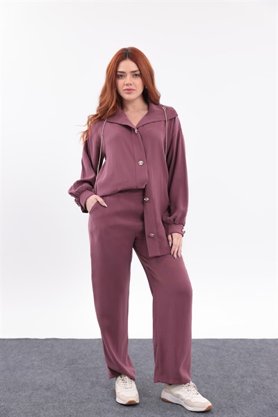 Taş İşlemeli Bordo Tensel Premium  Pantolon Tunik Takım