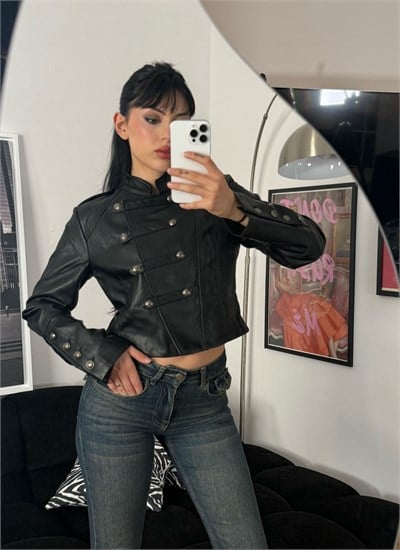 Selena Deri Napolyon Ceket Siyah