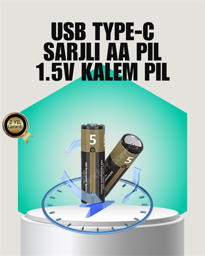1.5V AA Şarjlı Lityum Pil | 1000+ Kez Şarj Edilebilir | Hızlı Type-C Şarj (2 Adet)