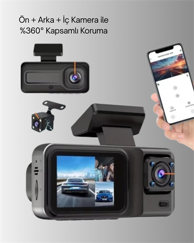 1080P Üç Kameralı Araç Kamerası Wi-Fi Destekli Park Modu ve G-Sensörlü