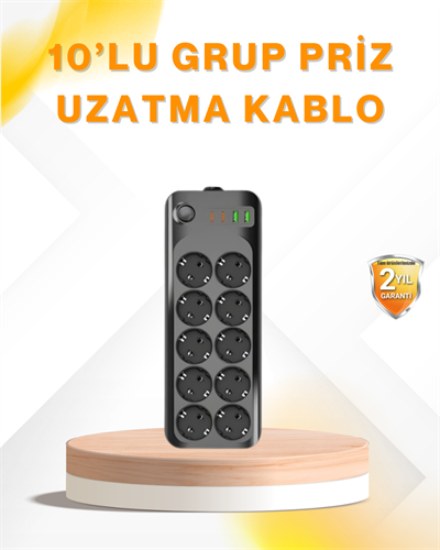 10’lu Çoklu Priz Termal Korumalı USB Type-C Çıkışlı 2500W Uzatma Kablosu