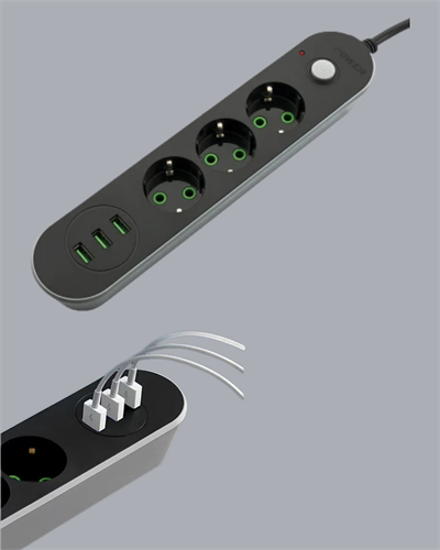 2 Metre Kablolu 3 USB Portlu Anahtarlı Üçlü Priz
