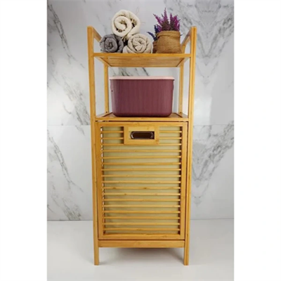 2 Organizer Raflı Ahşap Bambu Çek-Aç Kirli Sepeti