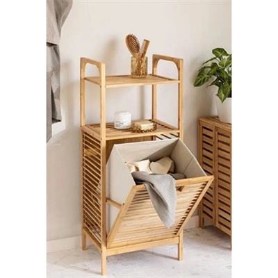 2 Organizer Raflı Ahşap Bambu Çek-Aç Kirli Sepeti