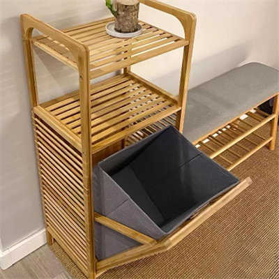 2 Organizer Raflı Ahşap Bambu Çek-Aç Kirli Sepeti