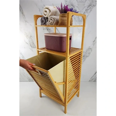 2 Organizer Raflı Ahşap Bambu Çek-Aç Kirli Sepeti