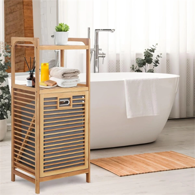 2 Organizer Raflı Ahşap Bambu Çek-Aç Kirli Sepeti