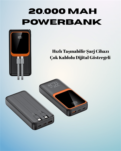 20000 mAh Powerbank | Çok Kablolu, Dijital Göstergeli, Yüksek Hızlı Şarj Cihazı
