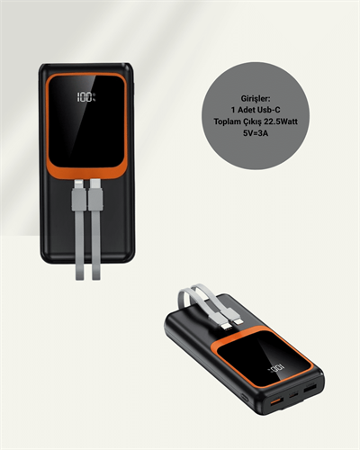 20000 mAh Powerbank | Çok Kablolu, Dijital Göstergeli, Yüksek Hızlı Şarj Cihazı