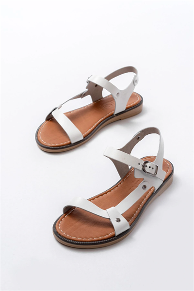 205-090 Beyaz Hakiki Deri Tokalı Kadın Sandalet