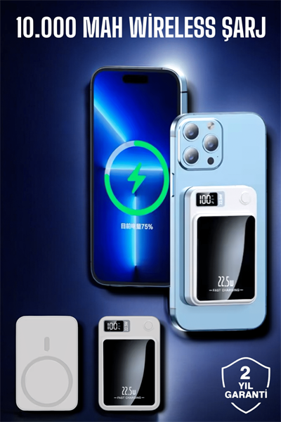 22.5W Magsafe Kablosuz Şarjlı Powerbank Dijital Ekran ve Hızlı Şarj