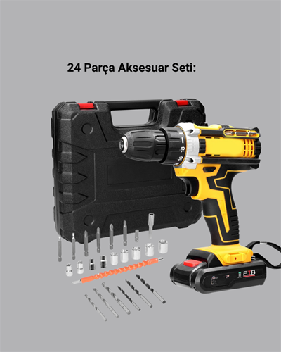 24 Parça Çift Bataryalı Akülü Darbeli Matkap – Güçlü Motor, Metal Dişli, LED Işıklı