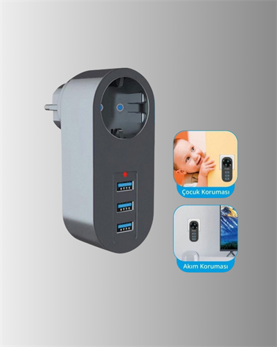 2500W Güç Destekli Akım Korumalı Priz – 3 USB Çıkışlı