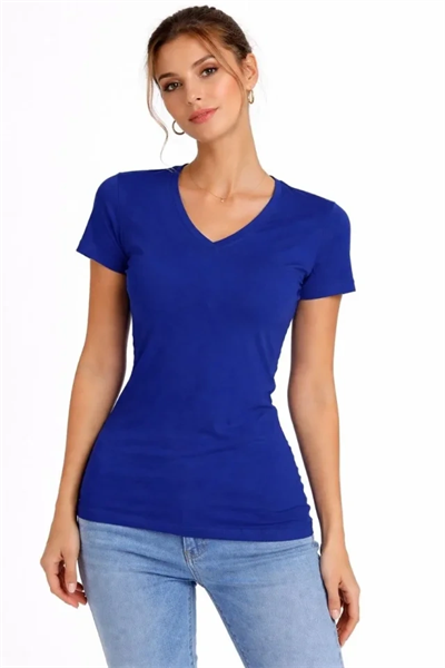 2li V Yaka Tişört – Kısa Kollu Yazlık Slim Fit Body - Saks Mavisi - Ekru