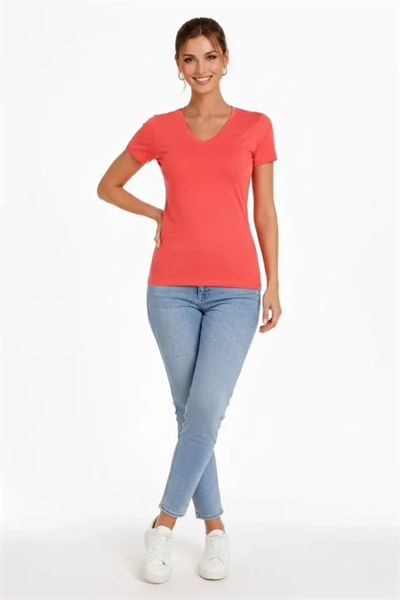 2li V Yaka Tişört – Kısa Kollu Yazlık Slim Fit Body - Nar Çiçeği - Açık Mavi