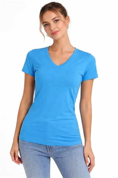 2li V Yaka Tişört – Kısa Kollu Yazlık Slim Fit Body - Nar Çiçeği - Açık Mavi