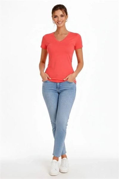 2li V Yaka Tişört – Kısa Kollu Yazlık Slim Fit Body - Nar Çiçeği - Açık Mavi