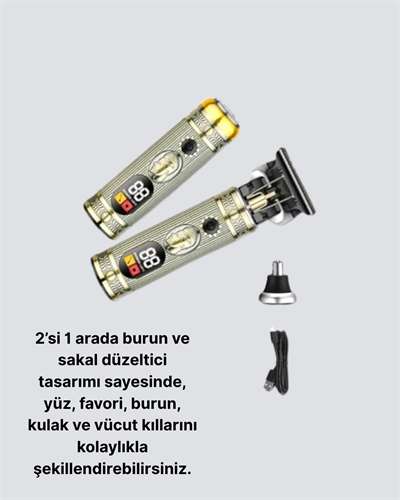 2’si 1 Arada Saç ve Sakal Düzeltici Seti – T Bıçaklı, 8 Farklı Kılavuz Tarağı