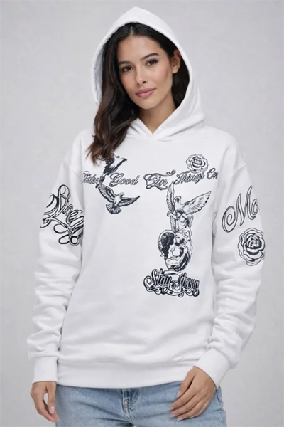 3 İplik Pamuklu Kapüşonlu Baskılı SweatShirt Hoodie - Beyaz