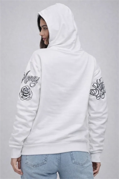 3 İplik Pamuklu Kapüşonlu Baskılı SweatShirt Hoodie - Beyaz