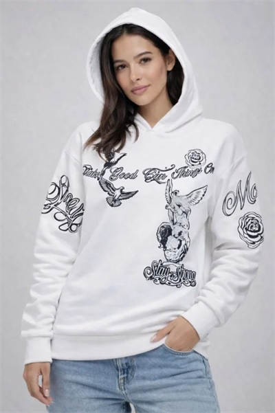 3 İplik Pamuklu Kapüşonlu Baskılı SweatShirt Hoodie - Beyaz