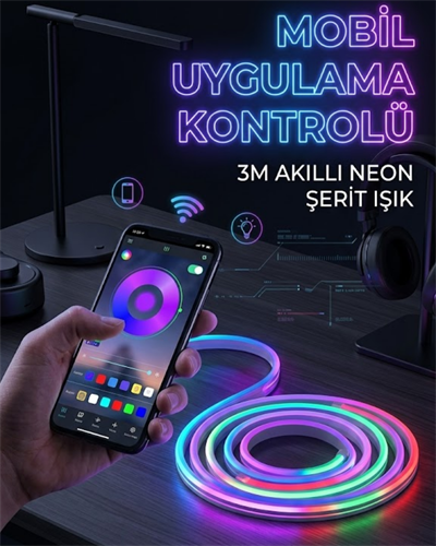 3 Metre RGB Neon LED Şerit Işık Su Geçirmez Kumandalı ve Uygulama Kontrollü Dekoratif Aydınlatma