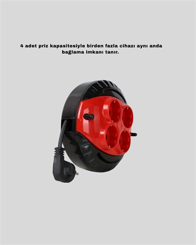 3 Metre Uzatma Kablolu 4 Prizli Makara Kırmızı