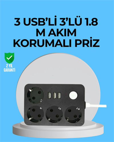 3 USB Çıkışlı 4’lü Akıllı Priz 2500W 2 Metre Kablo