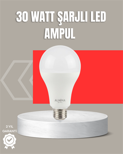 30W Şarjlı LED Ampul E27 Duy %80 Enerji Tasarruflu Soğuk Beyaz