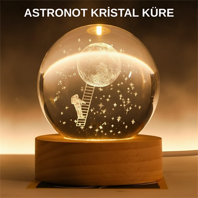 3D Astronot Kristal Küre Gece Lambası USB Ahşap Standlı Dekoratif Işık