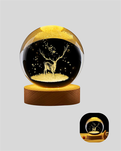 3D Geyik Desenli Kristal Küre USB Işıklı Ahşap Tabanlı Oda Lambası