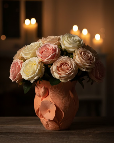 3D Kabartmalı Çiçek Motifli Turuncu Dekoratif Vazo