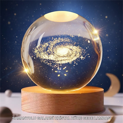 3D Lazer İşlemeli Galaksi Küre USB LED Ahşap Standlı Oda Gece Lambası