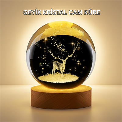 3D Lazer İşlemeli Geyik Kristal Küre Sıcak Işıklı Gece Aydınlatması