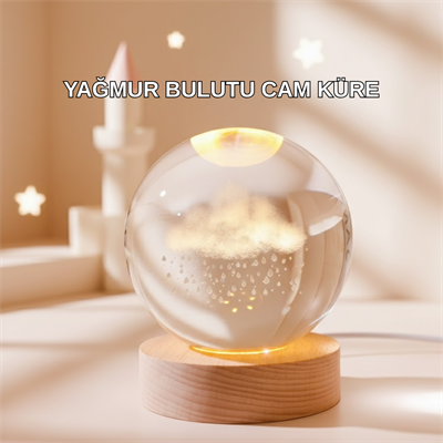 3D Yağmur Bulutu Desenli Kristal Top USB Gece Lambası Ahşap Tabanlı Dekoratif Lamba
