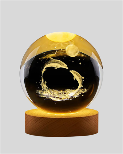 3D Yunus Desenli Kristal Küre Ahşap Tabanlı Işıklı Dekor Objesi