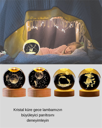 3D Yunus Desenli Kristal Küre Ahşap Tabanlı Işıklı Dekor Objesi