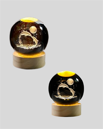 3D Yunus Desenli Kristal Küre Ahşap Tabanlı Işıklı Dekor Objesi