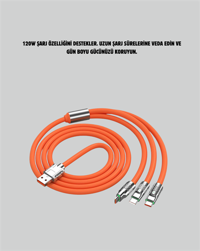 3’ü 1 Arada Kablo – 120W Hızlı Şarj ve Veri Aktarımı Özellikli