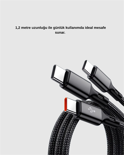3’ü 1 Arada Şarj Kablosu Type-C iOS Android Uyumlu Hızlı ve Güvenli Şarj