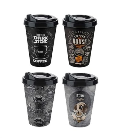 4 Adet Kahve Bardağı - Kapaklı Desenli 400ML