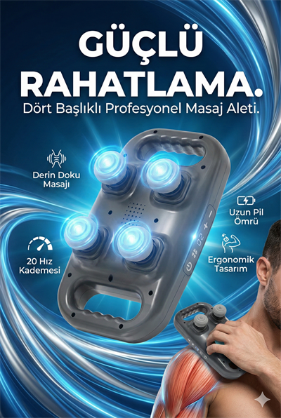 4 Başlıklı Masaj Tabancası - Ergonomik Derin Doku Sırt ve Boyun Masaj Aleti Ağrı ve Sızı Giderici