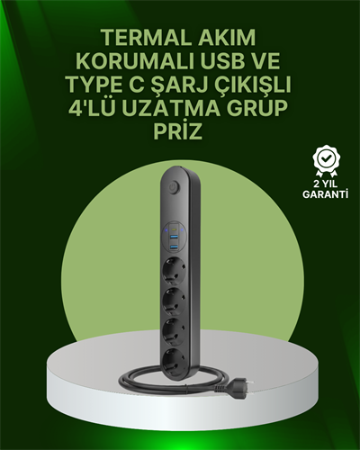 4 Priz 2 USB 1 Type-C Akım Korumalı Çoklu Priz Led Anahtarlı