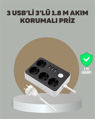 4 Prizli 3 USB Portlu Anahtarlı Akım Korumalı Priz