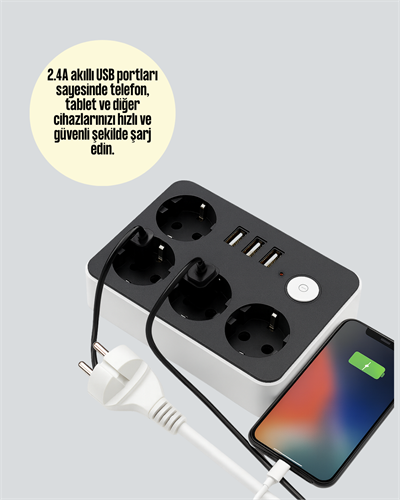 4.1A Hızlı Şarjlı Akım Korumalı 4 Priz ve 3 USB Çıkışlı Priz