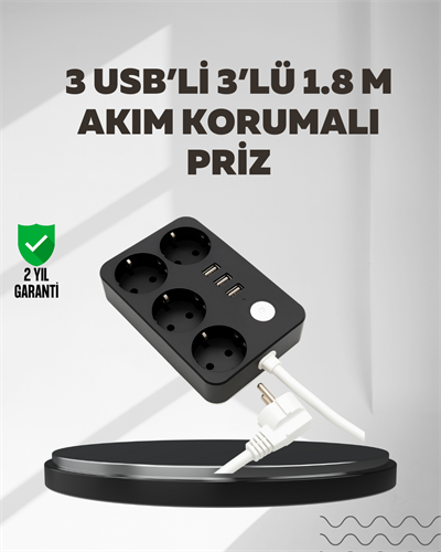 4.1A Hızlı Şarjlı Akım Korumalı 4 Priz ve 3 USB Çıkışlı Priz