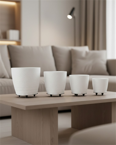 4’lü 3D Beyaz Ayaklı Saksı Seti Modern Minimal Dekoratif Vazo