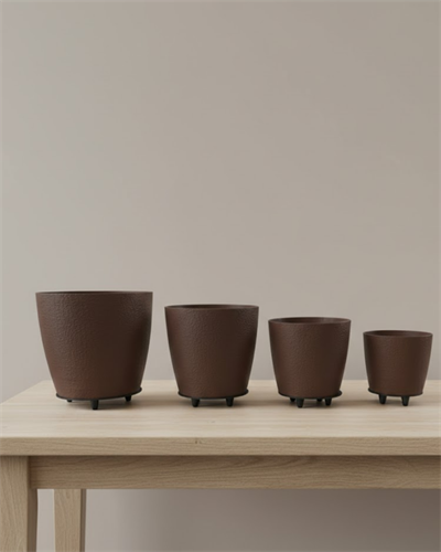 4’lü 3D Kahve Tonlu Ayaklı Saksı Seti Modern Dekoratif Vazo Takımı