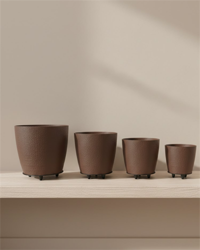 4’lü 3D Kahverengi Dekoratif Vazo Seti Modern Ayaklı Şık Saksı Takımı