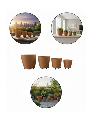 4’lü 3D Modern Kahverengi Vazo Seti Ayaklı Dekoratif Saksı Takımı